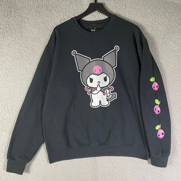 Kuromi‎ Sanrio Sweatshirt L Pink Skull Graphic Cozy Black Crewneck 2023 Bioworld - Picture 2 of 7
